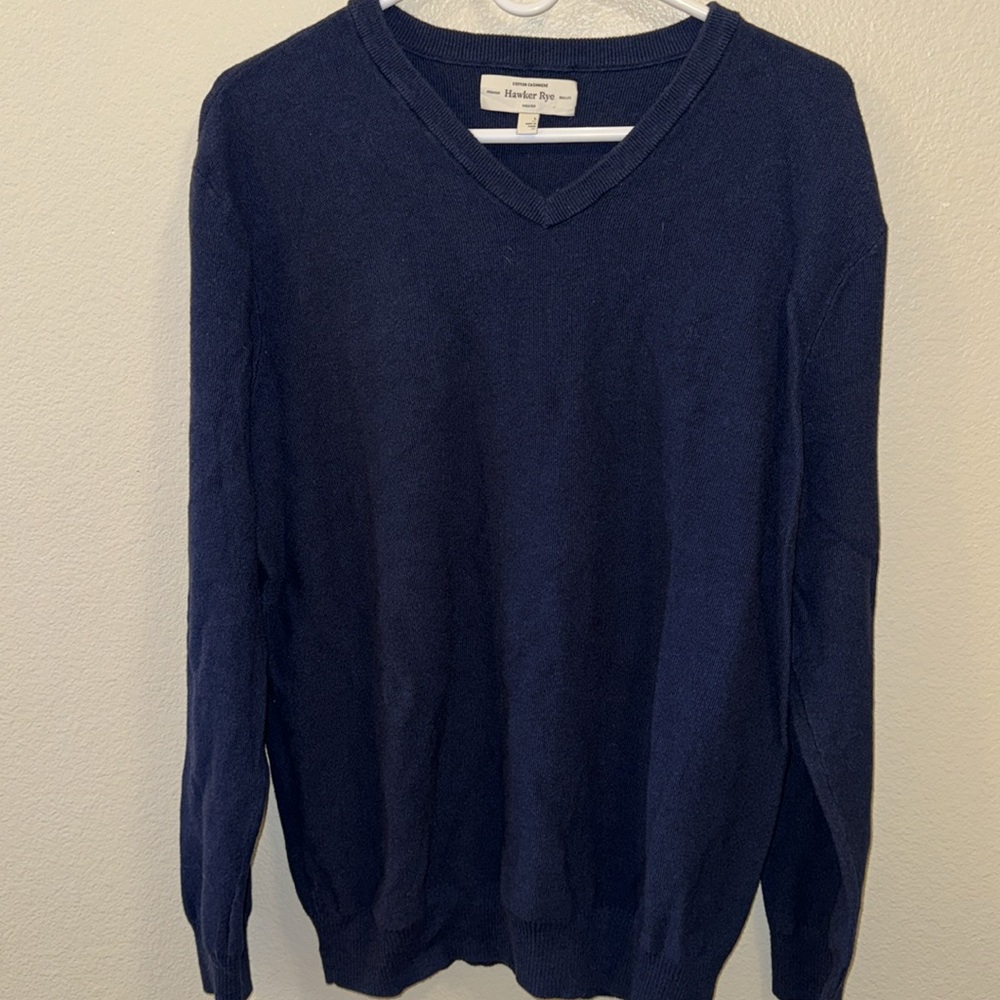 HAWKER RYE MENS COTTON/CASHMERE NAVY BLUE V-NECK SWEATER SIZE L PREMIUM QUALITY